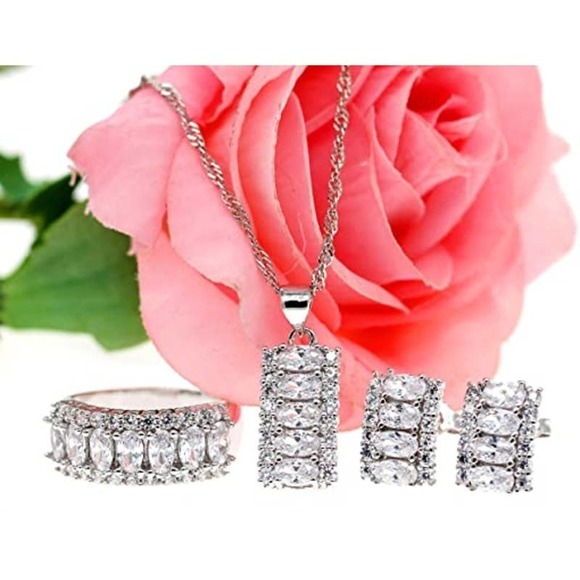 Crystal Necklace Earring Ring Set CZ Cubic Zircon Rhinestone Necklace Earrings - Picture 1 of 8